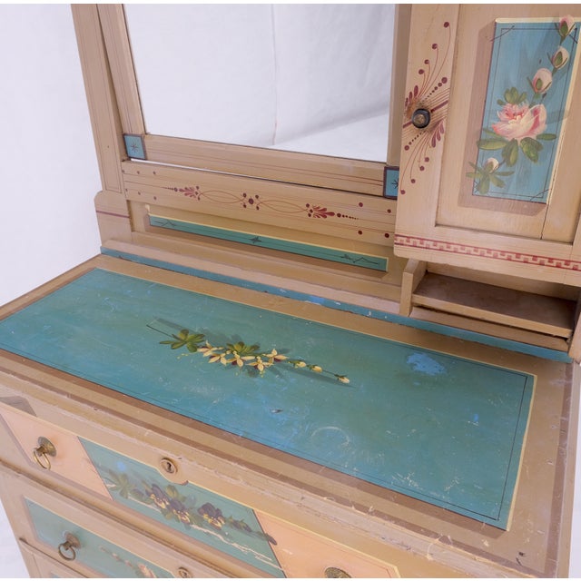 Victorian Hand Painted Dresser Mirror King Bed Headboard Chair Footstool Drawers For Sale - Image 6 of 18