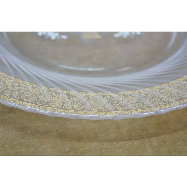 Glass Mid 20th Century Clear Glass Gold Painted Basket of Flowers Dessert Plate 11" For Sale - Image 7 of 9