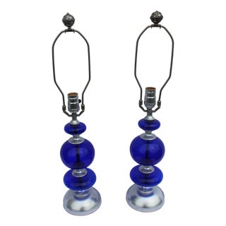 1990s Mid-Century Modern Cobalt Blue Glass Lamps Pair For Sale