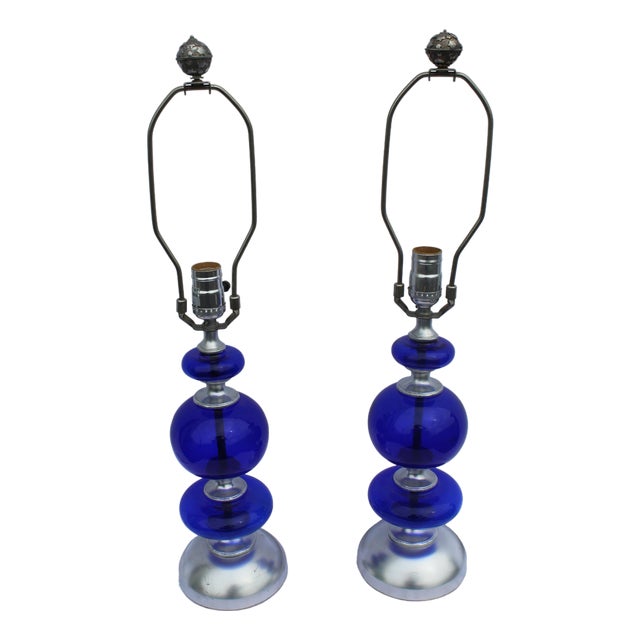 1990s Mid-Century Modern Cobalt Blue Glass Lamps Pair For Sale