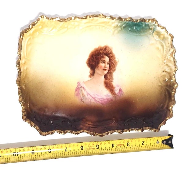 Traditional Antique Tray Portrait Curly Auburn Hair Lady Vettori Dresser Dish Austria Porcelain For Sale - Image 3 of 9