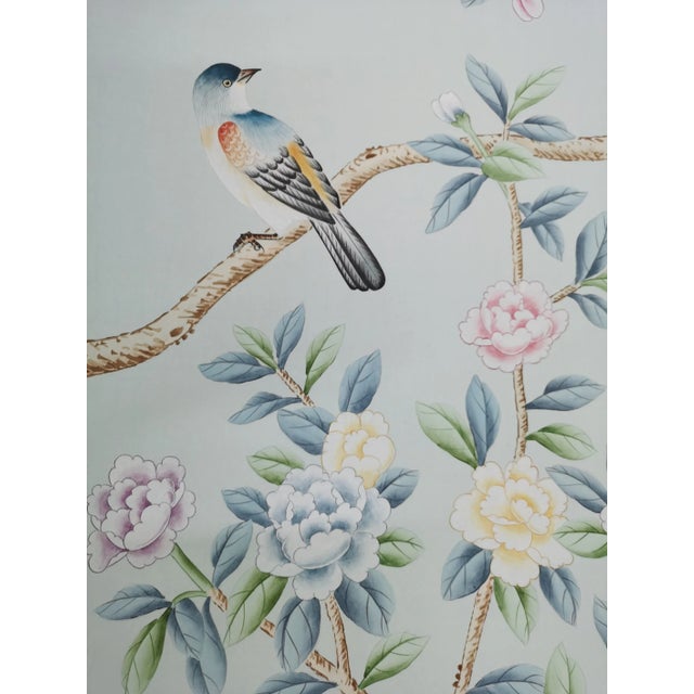 Hand Painted Chinoiserie Wallpaper Mural With Floral Branches, Birds and Botanical Garden Scene For Sale - Image 4 of 11