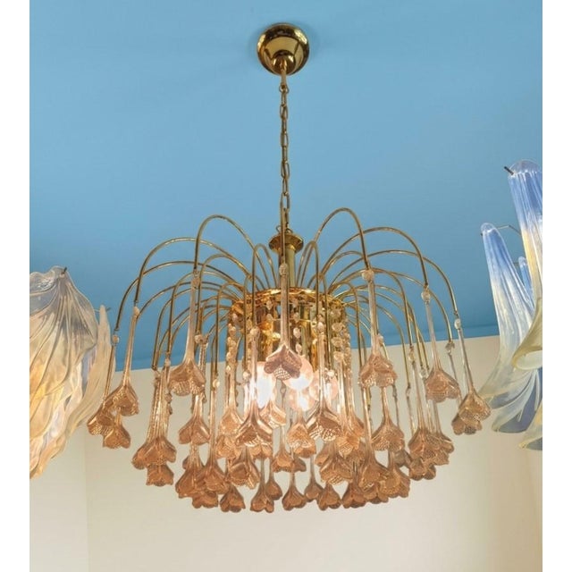 Vintage Gold Rain Chandelier with Handmade Murano Glass Pink Flowers, Italy, 1960 For Sale - Image 3 of 16