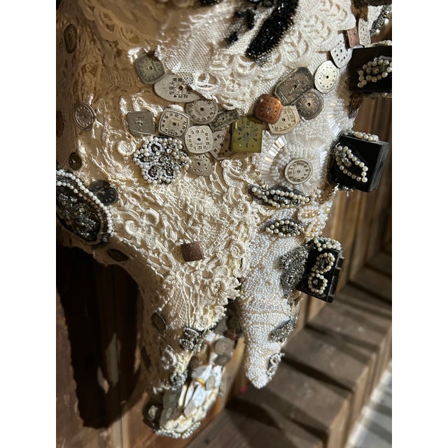Modern Large Mixed Media Skull Sculpture With Lace and Pearls For Sale - Image 3 of 13