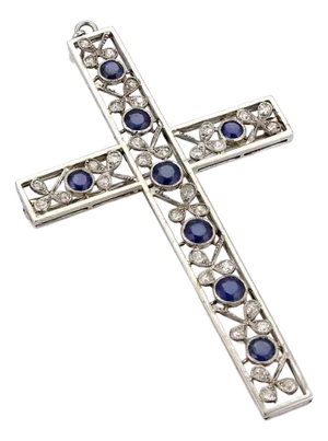 Platinum Diamond & Sapphire Large Floral Cross Pendant Brooch