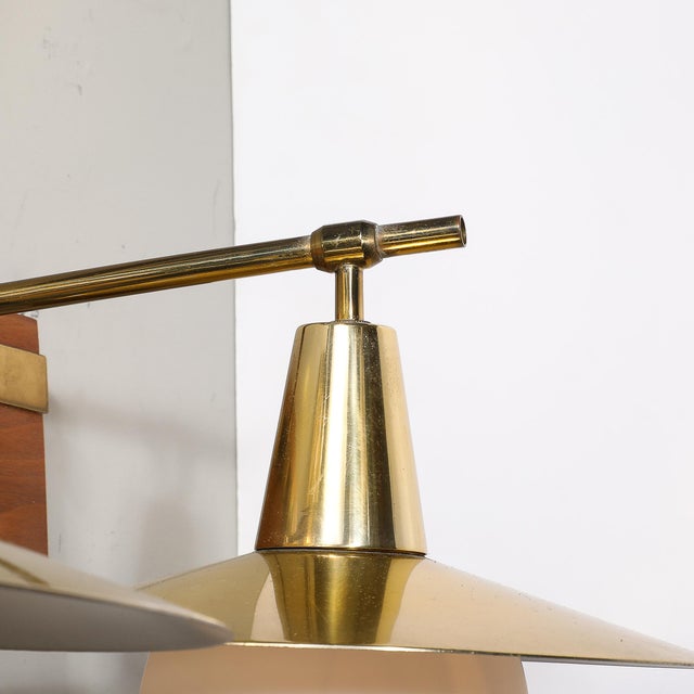 Mid-Century Modernist Dual-Head Brass & Frosted Glass Sconce on Teakwood For Sale In New York - Image 6 of 11