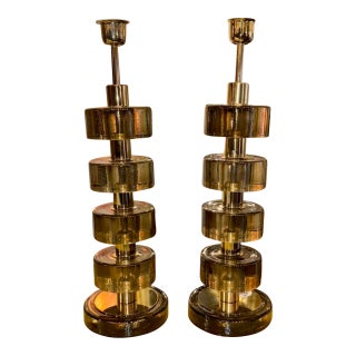Pairof Modern "Fume" Colored Murano Glass and Brass Lamps For Sale