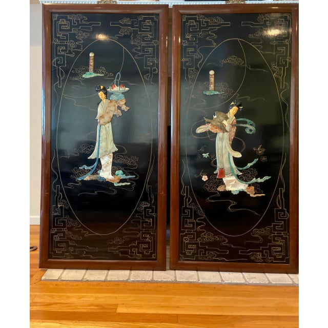 Asian 1950s Large Vintage Asian Inlaid Black Lacquer Hanging Panels - Set of 2 For Sale - Image 3 of 7
