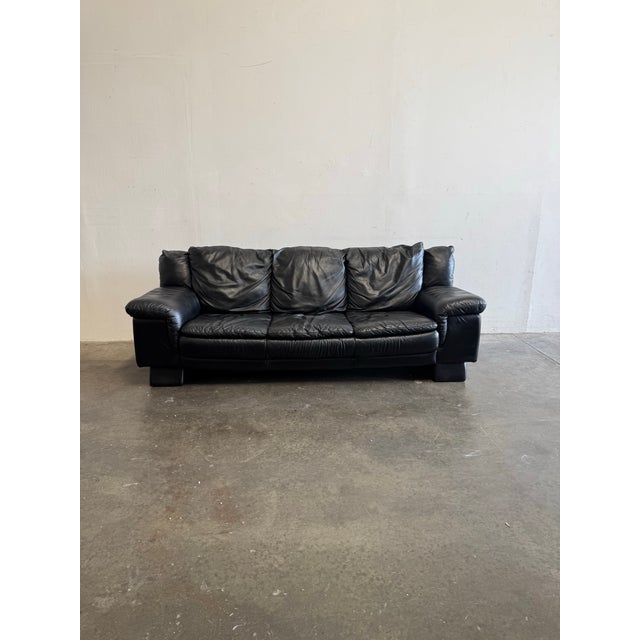 Black Vintage Italian Black Leather Sofa - Mid Century Modern Style 1980s For Sale - Image 8 of 12