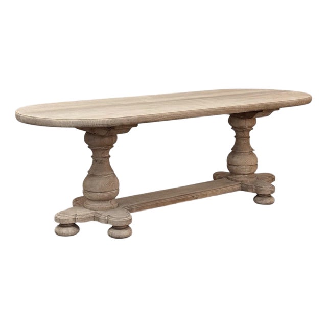 French Mid-Century Oval Trestle Table ~ Stripped Solid Oak For Sale