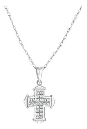 Four Pointed Arrow Princess Cut Diamond Cross Necklace .55cttw 14k White Gold