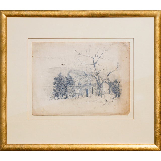 Madelyn Colby Naturalistic Monochromatic New Mexico Landscape Pencil Drawing with Trees, Mid-20th Century For Sale