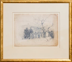Madelyn Colby Naturalistic Monochromatic New Mexico Landscape Pencil Drawing with Trees, Mid-20th Century