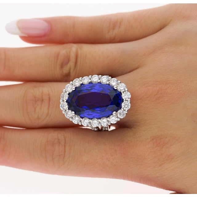 Blue 15.46 Carat Oval Cut Fine Tanzanite and Diamond Halo Ring in 18k White Gold With, Size 7 For Sale - Image 8 of 9