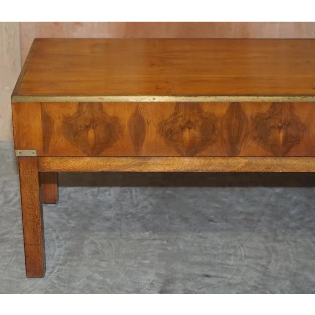 Burr Walnut & Brass Military Campaign 3-Drawer Coffee Table For Sale - Image 13 of 18