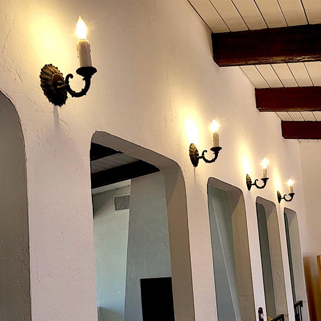 Gothic Set of 4 1920s Spanish Revival Post Gothic Cast Iron Single Light Faux Candle Wall Sconces For Sale - Image 3 of 5