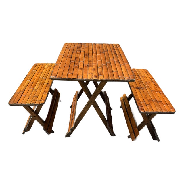 Vintage Boho Folding Bamboo Picnic Table & Benches For Sale