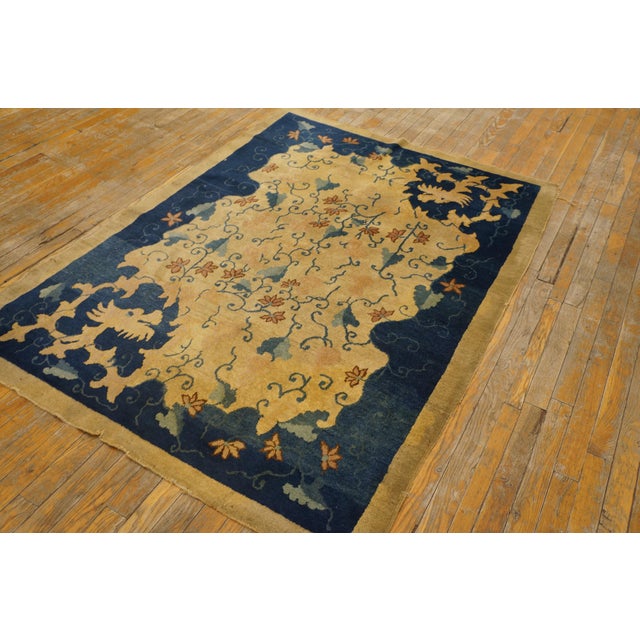 Chinese 1920s Camel Floral Dragon Antique Chinese Peking Rug 4' X 5'10" Handknotted Wool Carpet For Sale - Image 3 of 7