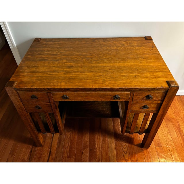Mission Antique Mission Style Five Drawer Oak Writing Desk by Bourn & Hadley Co. For Sale - Image 3 of 12