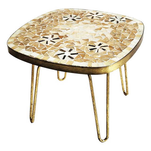 Mid-Century Modern Mosaic and Brass Side Table with Hair Pin Legs by Ilse Möbel, 1950s For Sale