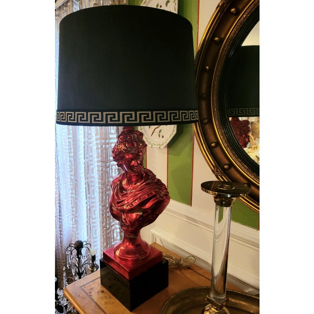 Figurative 1990s Custom Finished Red, Gold Leaf Greek Goddess Black Shade Greek Key Trim Tall Table Lamps Tony Duquette Style - a Pair For Sale - Image 3 of 15