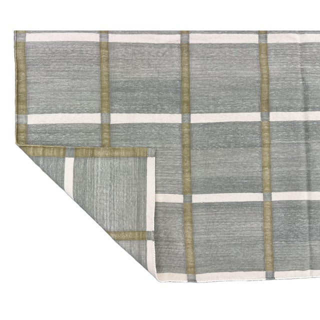 Not Yet Made - Made To Order Handmade Cotton Vegetable Dyed Rug, Gray, White and Olive Green Windowpane Checked Dhurrie-6'x9' For Sale - Image 5 of 11