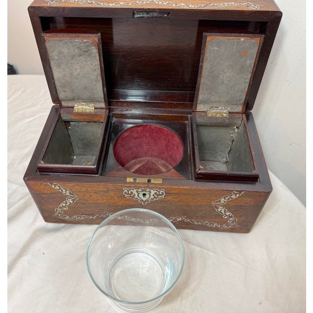 Antique 1800's English Inlaid Mother of Pearl Rosewood Wood Dual Tea Caddy Box For Sale - Image 10 of 18
