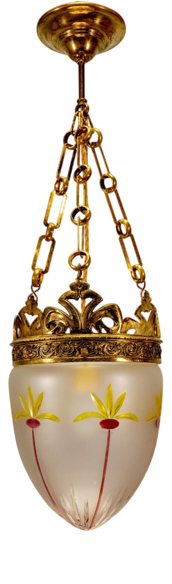 French Art Nouveau Frosted and Cut Glass Pendant Light with Bronze Mount, 1920s