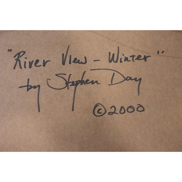 Blue Stephen Day "River View - Winter" 2000 Original Oil Painting, Signed, Framed For Sale - Image 8 of 8