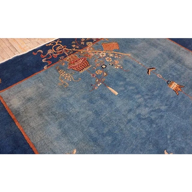 1920s Cornflowers Blue Minimalist Floral Antique Chinese Art Deco Carpet 8' X 9'9" Knotted Wool Rug For Sale - Image 9 of 15