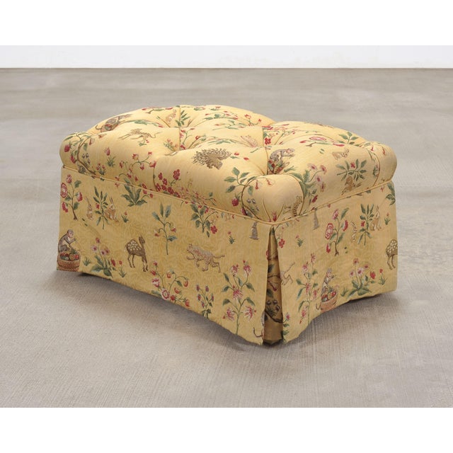 Pair of Tufted Lounge Chairs + Ottoman in Butter Print Fabric For Sale - Image 11 of 18
