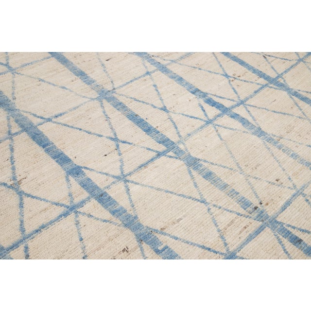 Modern Moroccan Style Beige and Blue Handmade Geometric Oversize Wool Rug For Sale In New York - Image 6 of 10