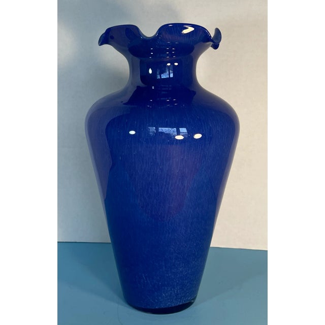Traditional Murano Blue Ruffled Art Glass Vase For Sale - Image 3 of 12