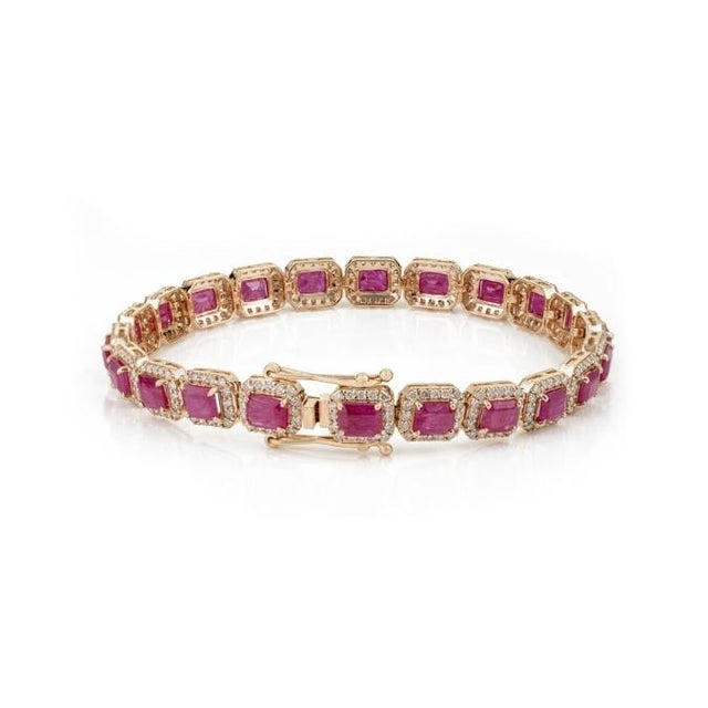 Gemstone Luxury 10.41ct Ruby & 2.11ct Diamond Geometric Link Tennis Bracelet in 14k Gold For Sale - Image 7 of 14