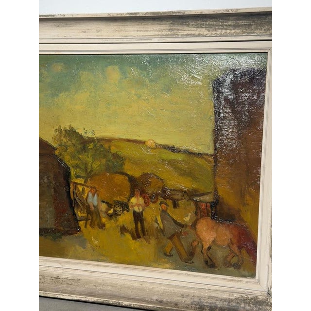 An expressive oil on canvas by Belgian artist Piet Gilles, depicting a rural harvest scene in the tradition of the Louvain...