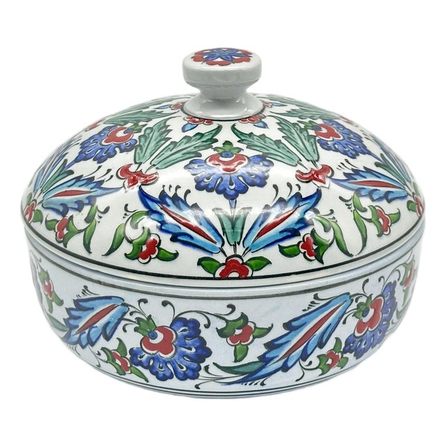 Handmade Ceramic Lidded Bowl (16cm) Blue and Red Spring Flowers Flat Top Finial For Sale