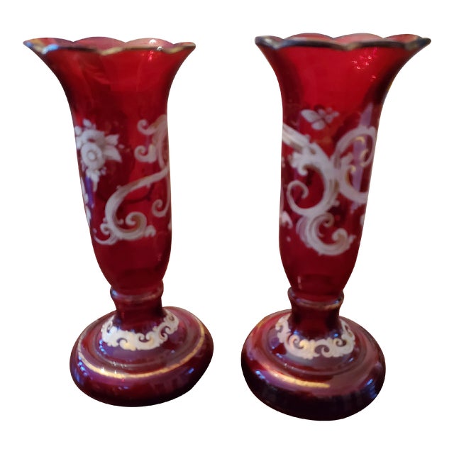 Pair of Antique Bohemian Glass Moser Ruby Bud Vases For Sale