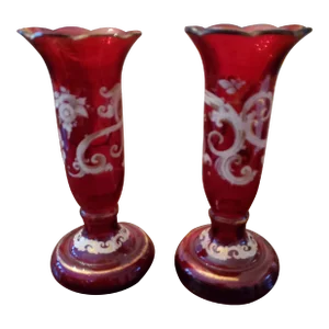Pair of Antique Bohemian Glass Moser Ruby Bud Vases
