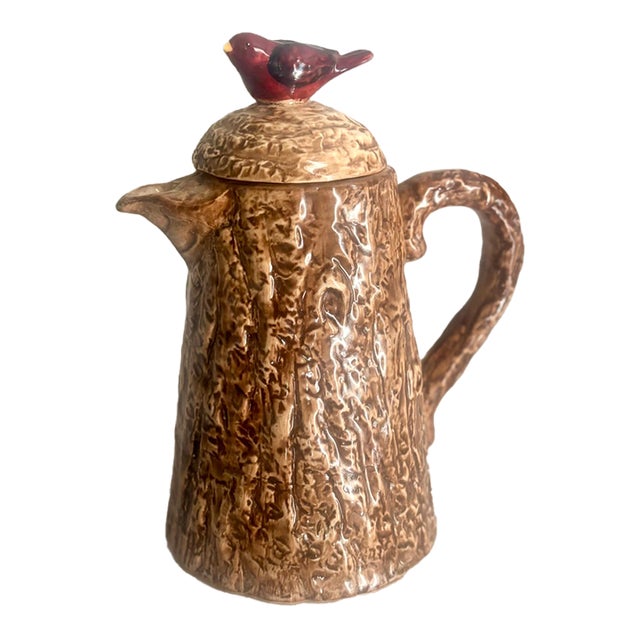 Mid-Century Folk Art Ceramic Faux Bois Tree Trunk Pitcher With Bird Finial For Sale