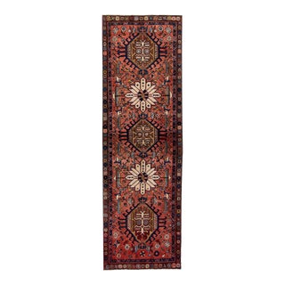 1960s Vintage Persian Heriz Handmade Red Geometric Wool Runner For Sale