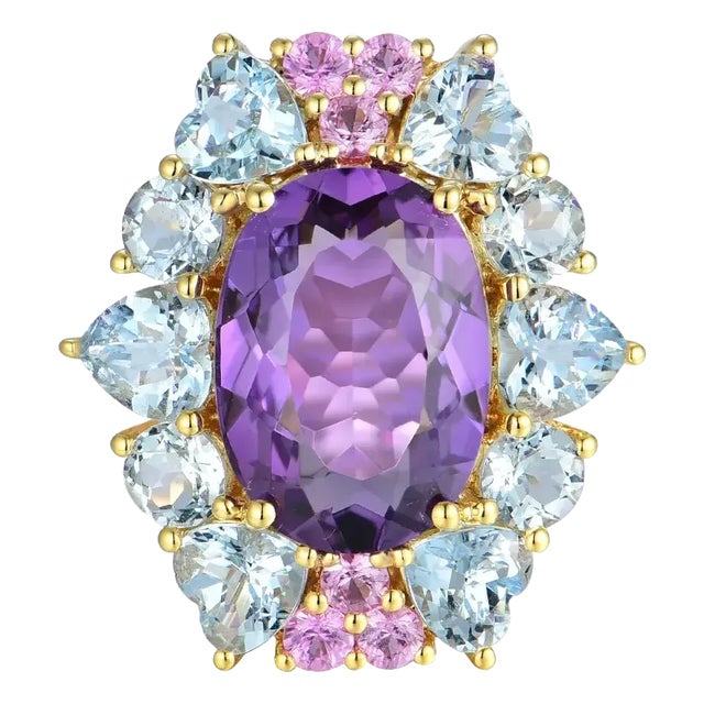 Nina Zhou Margeret Amethyst Aquamarine Pink Sapphire Cocktail Ring in 14k Yellow Gold, size 8 For Sale