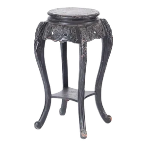 Black Carved Chinese Plant Stand Pedestal With Decorated Top. 19th Century