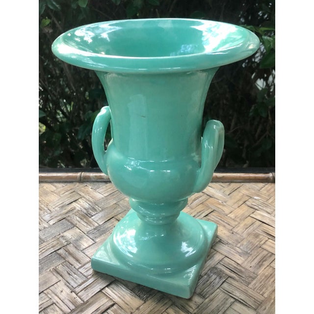 Italian Ceramic Pedestal Urn With Handles in Green For Sale - Image 9 of 10