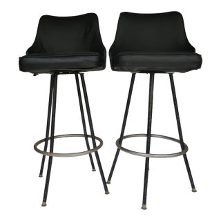 1960's Mid-Century Modern Black Chrome Bar Stools - a Pair For Sale