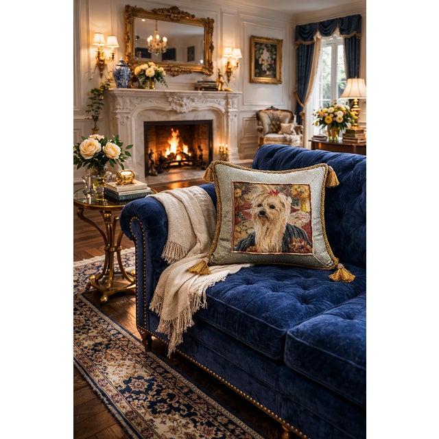 Textile Vintage Yorkshire Terrier Needlepoint Pillow For Sale - Image 7 of 10