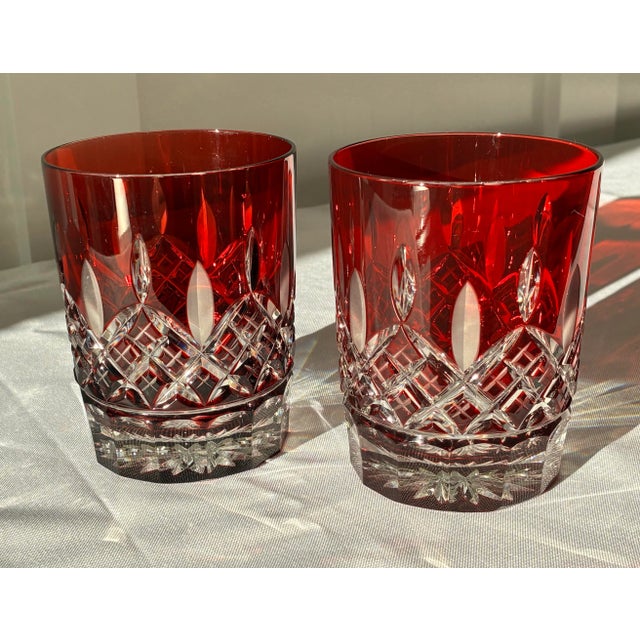 Hollywood Regency 1980s Waterford Lismore Ruby Red Double Old Fashioned Crystal Glasses - A Pair For Sale - Image 3 of 12