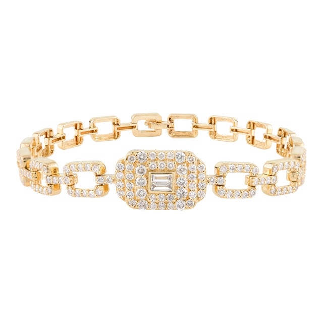 Solid 18k Yellow Gold Interlocking Link Chain Diamond Wedding Bracelet For Sale