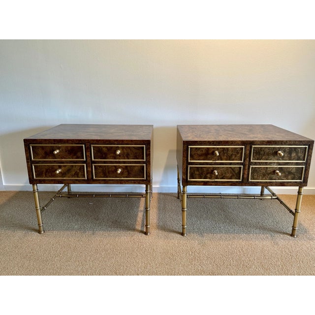 Vintage Burlwood and Brass Night Tables by Mastercraft - A Pair For Sale - Image 10 of 11