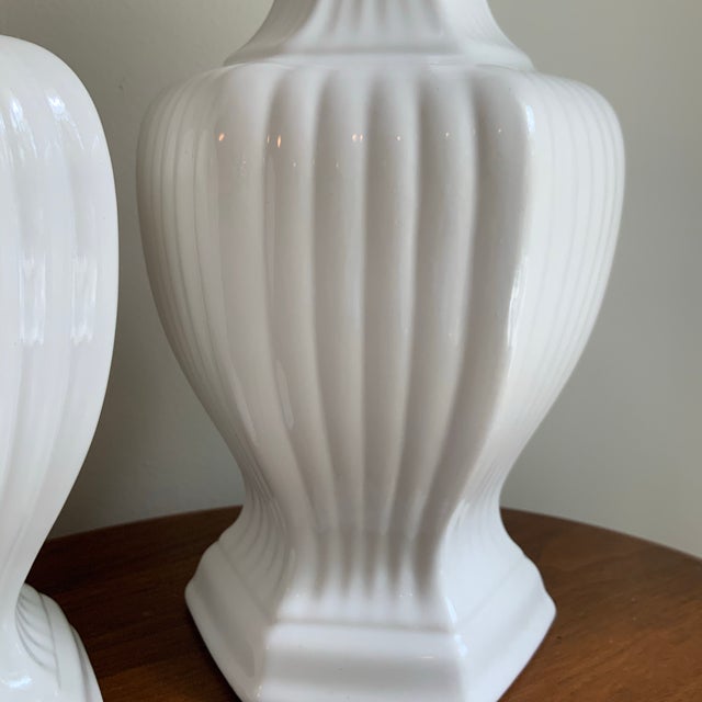 Late 20th Century Pair of 14” White Ribbed Ceramic Ginger Jar Vases for Traditional, Chinoiserie or Palm Beach Regency Decor. See Photos! For Sale - Image 5 of 8
