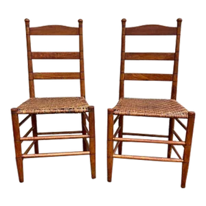 Antique 19th Century Pair of Rustic Country Style High Ladder Back Splint Weave Seat Chairs
